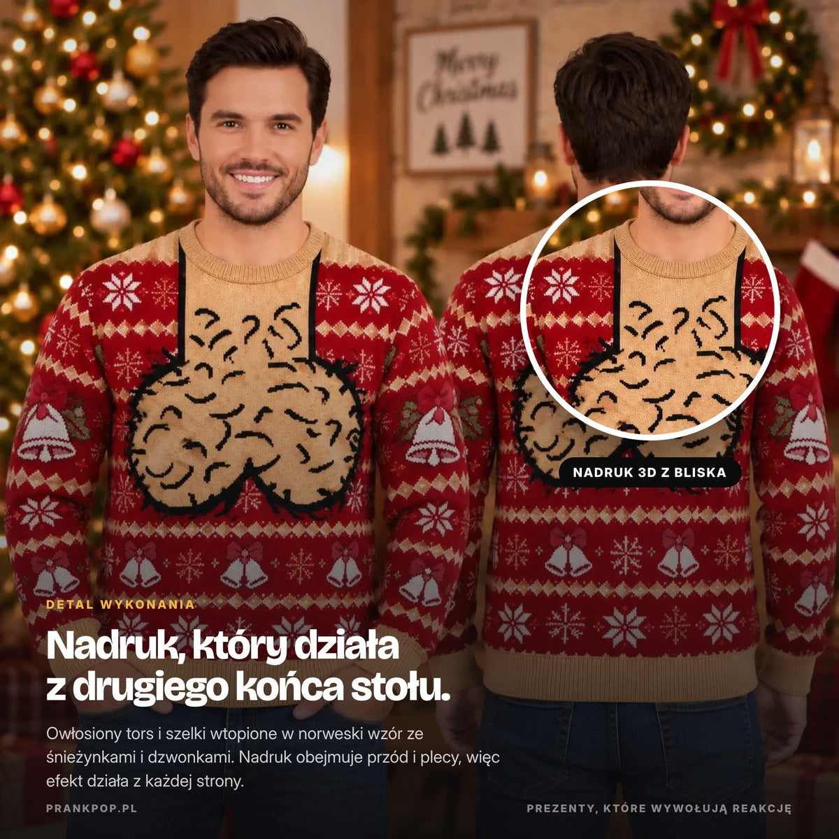 Detal nadruku 3D na bluzie świątecznej – zbliżenie