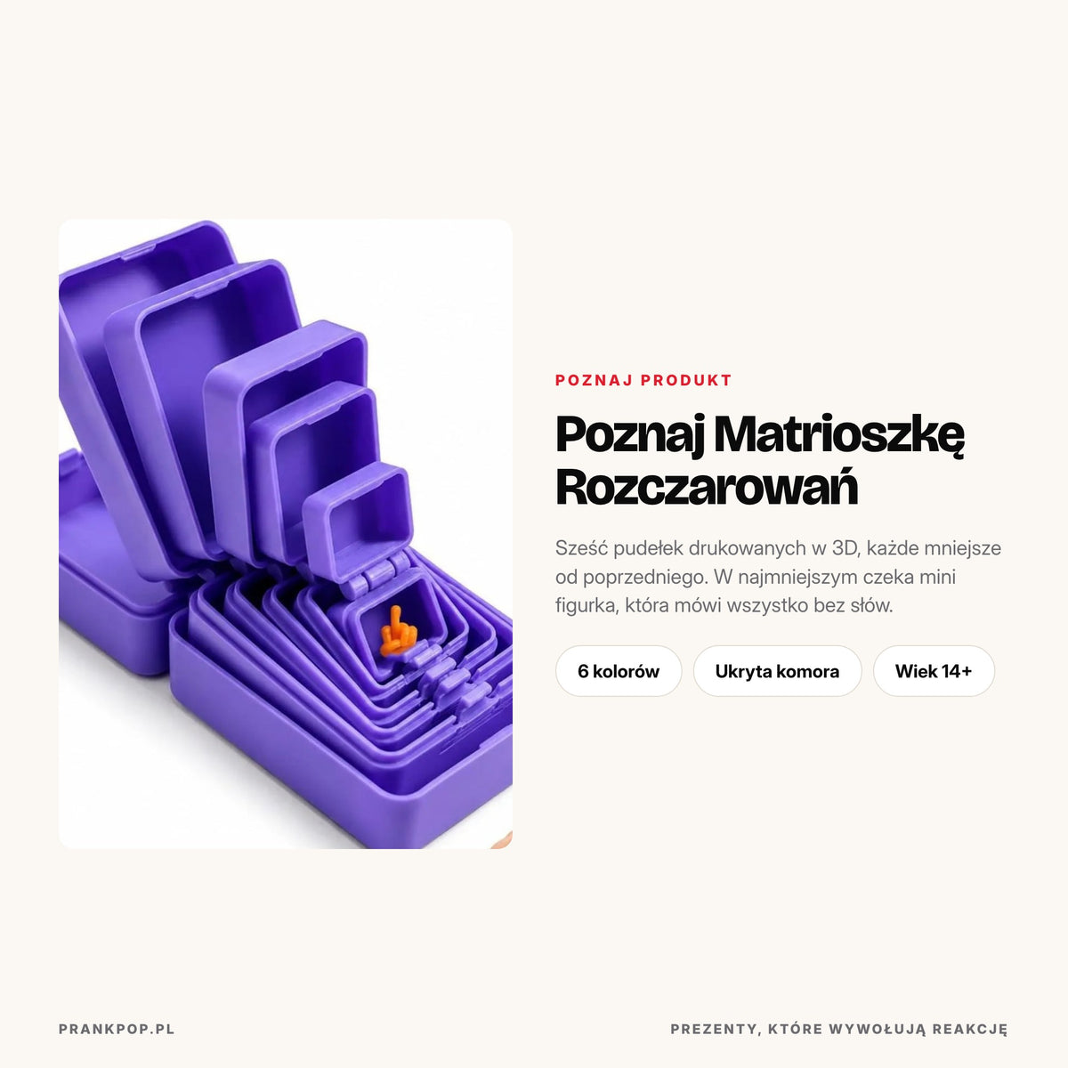 Sześć pudełek drukowanych w 3D, jedno w drugim, z mini figurką