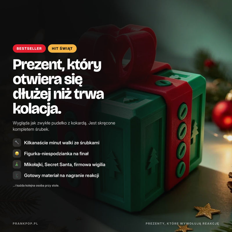 Nerwobox – świąteczne pudełko-prezent skręcane śrubkami, prezent-żart na Mikołajki